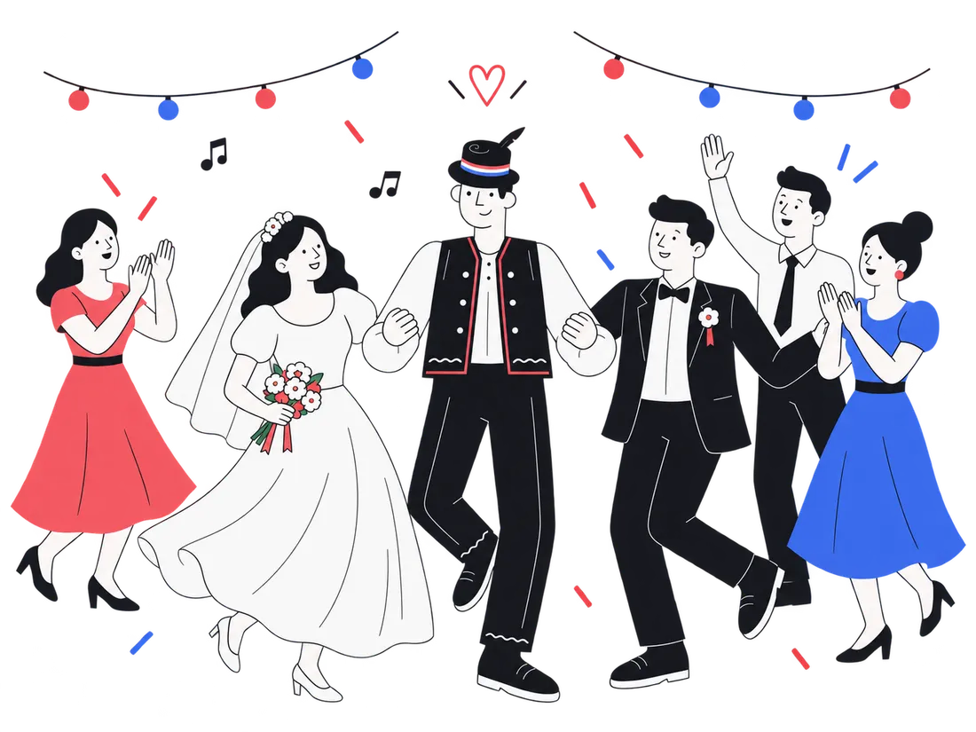 Illustration of a traditional Croatian wedding party with the čajo in the middle
