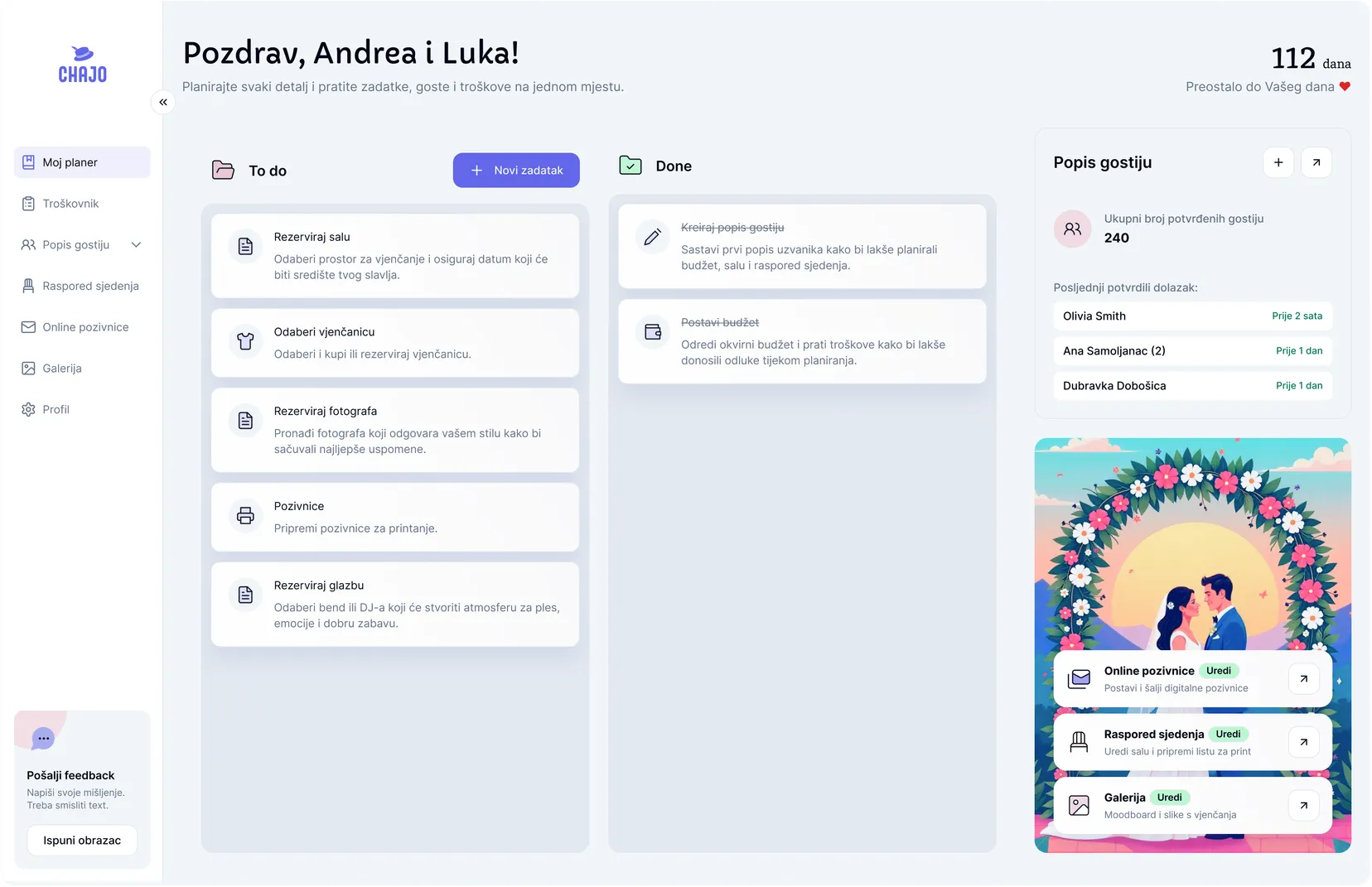 Chajo planner preview - task list, guests and online invitations